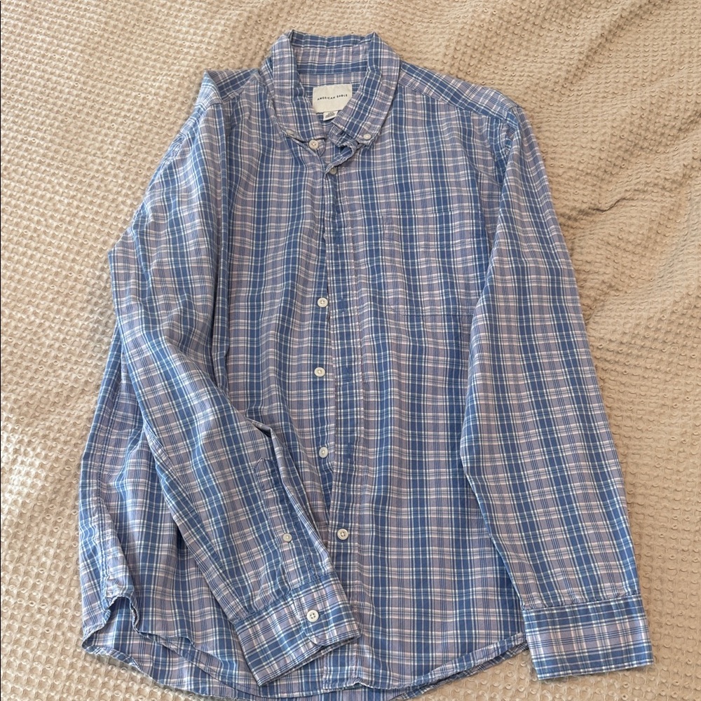 Men's American Eagle, Size L Blue Plaid Button-Down Shirt - Lightweight Casual